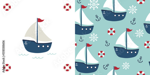 Boat greeting card and seamless pattern with nautical elements. Vector illustration. Can be used for wallpaper, gift wrapping, cards, clothing patterns, and more.