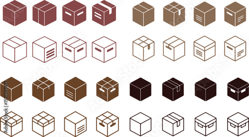Isometric Brown Boxes Assortment Set, Outline Design Elements, Transparent Background
