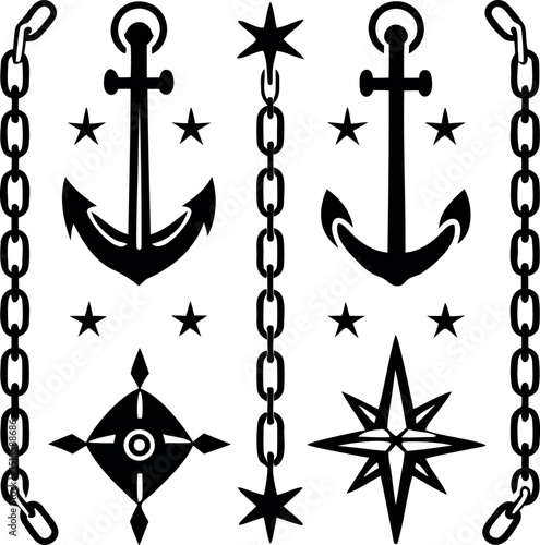 Nautical Elements, Anchors, Chains, Stars, and Compass Rose Vector Illustration