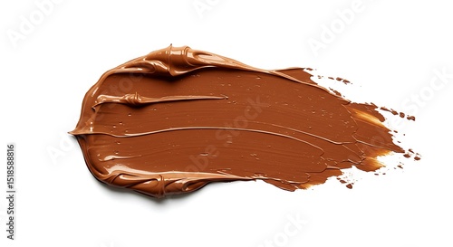 A rich, creamy smear of chocolate or hazelnut spread, artfully swiped across a pristine white background, showcasing its smooth, glossy texture. 