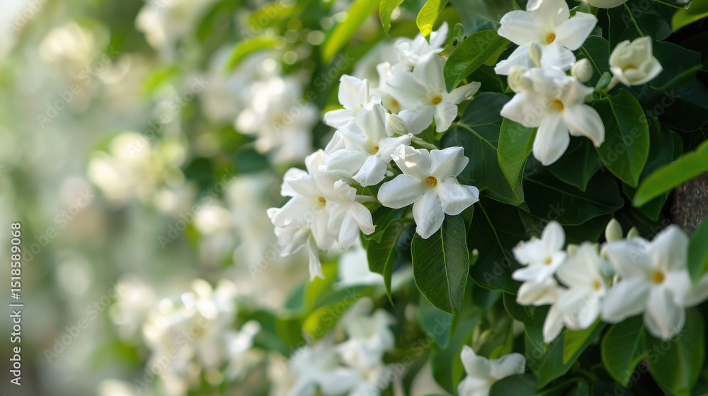 A delicate border of white jasmine flowers, featuring soft petals and green leaves, creating an elegant, natural frame perfect for design or decoration... A delicate border of white jasmine flowers, featuring soft petals and green leaves, creating an elegant, natural frame perfect for design or decoration...