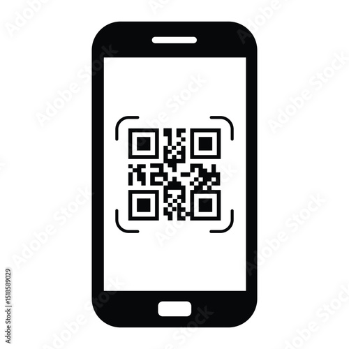 Minimalist black outline smartphone held vertically. Screen displays centered black and white QR code. Straight-on view, clean illustrative style. Isolated on white, no background. Simple digital tech