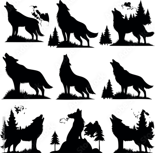 A collection of howling wolf silhouettes in various landscape settings at night