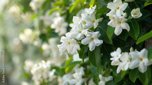 A delicate border of white jasmine flowers, featuring soft petals and green leaves, creating an elegant, natural frame perfect for design or decoration...