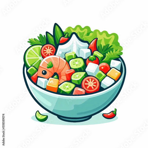 Cartoonstyle shrimp salad bowl with tomato cucumber lime cheese lettuce peppers