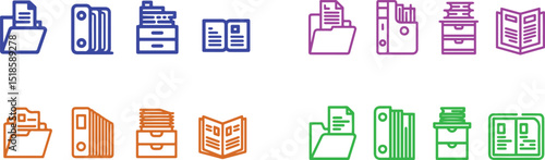Colorful Set of Office Supply Icons with Folder, Binder, Drawer, and Outlines