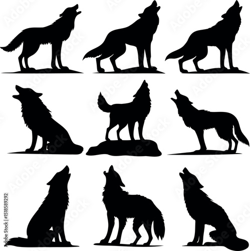 Collection of Silhouette Howling Wolves Isolated on White Background Vector Illustration