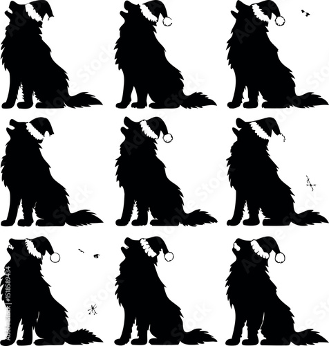 Nine Black Silhouetted Dogs Howling at the Moon Wearing Santa Hats