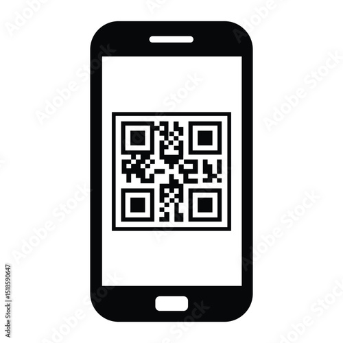 Minimalist black outline smartphone held vertically. Screen displays centered black and white QR code. Straight-on view, clean illustrative style. Isolated on white, no background. Simple digital tech