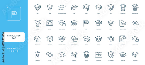 collection graduation cap icons uniquely incorporating thematic elements symbols