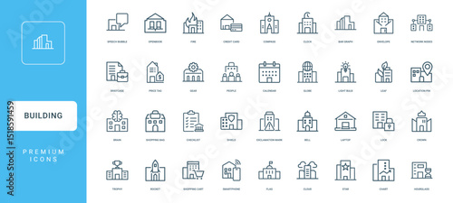 collection building-themed icons function buildings urban life