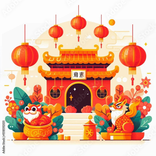Festive scene Chinese gate lanterns lion dragon statues flora  lunar coins create a vibrant cultural display