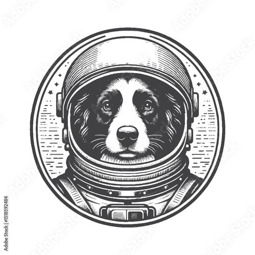 Vintage Hand-Drawn Border Collie Dressed As Astronaut Illustration – Space Dog Engraved Style Vector for T-Shirts, Posters, Stickers, and Sci-Fi Themes Apparel