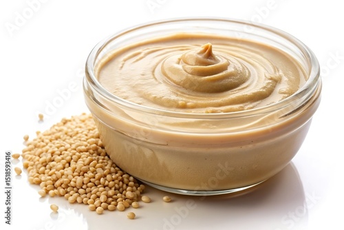 Creamy tahini in glass bowl with sesame seeds isolated on white background