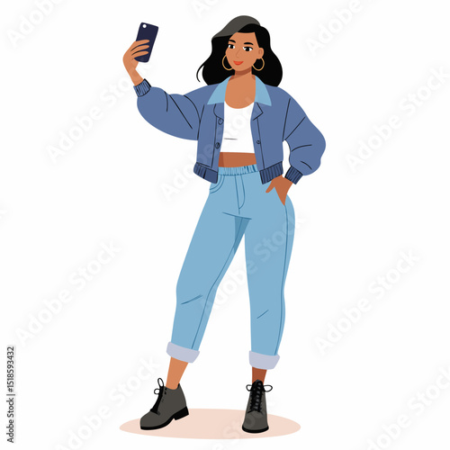 Stylish Young Woman Taking a Selfie in Trendy Denim Outfit