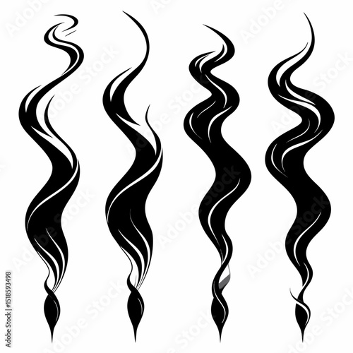 Four Abstract Black Swirling Hair Strand Designs on White