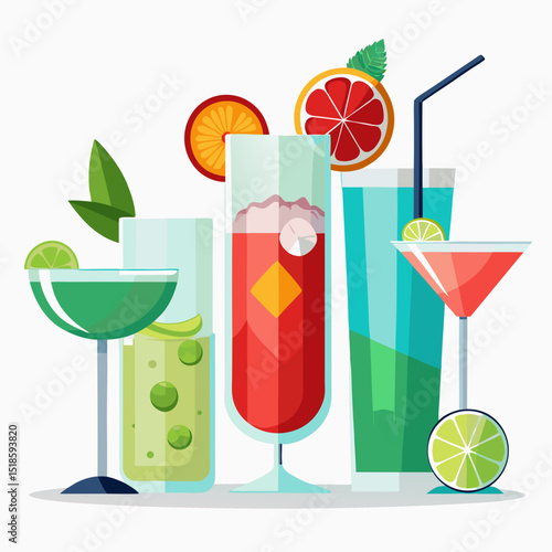 Assortment of Colorful Summer Cocktails and Refreshing Drinks