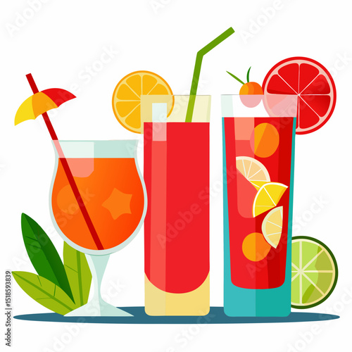 Refreshing Summer Cocktails with Citrus Fruits and Tropical Leaves