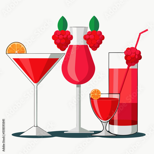 Four Red Cocktails with Raspberries and Orange Garnish