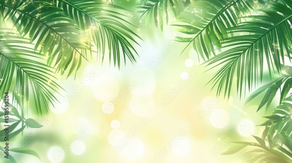 Obraz premium Luminous background featuring vibrant green palm leaves, with a soft glowing bokeh effect and sunny highlights creating dreamy ethereal feel. Ideal for summer, nature or serene themes