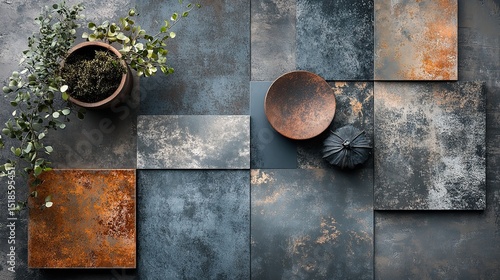 Overhead shot of textured tiles with plant pot, plate, and decorative gourd on a mottled surface