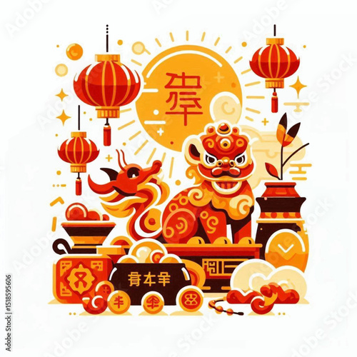 Lunar New Year art dragon lion lanterns coins and a stylized sun with Chinese characters
