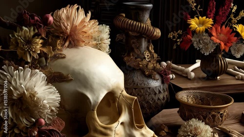 Still life featuring human skull adorned with flowers, vintage vase, bowl and arrangement on wooden table in dramatic chiaroscuro lighting