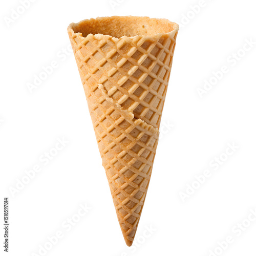 An empty waffle ice cream cone against a black background.