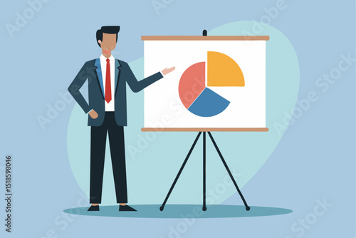 Business presentation, professional lecture, data analysis, corporate training, man explaining pie chart on whiteboard, formal attire in office setting.