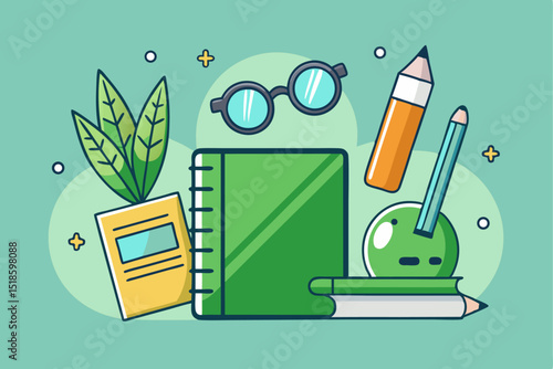 Stationery arrangement, office essentials, study accessories, green notebook, pencils, glasses, plants, creative workspace, organized study tools.