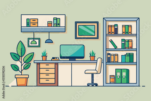 Minimalist office workspace, tidy office with plant, bookshelf and computer, corporate task, business routine, office productivity, professional workspace.