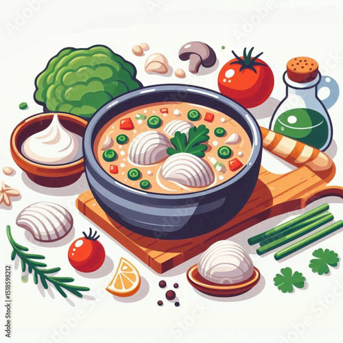 Still life of a bowl of soup complemented by vegetables and condiments against a white background
