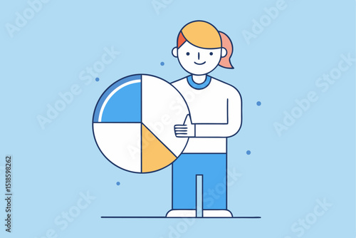 Business data showcase, person presenting pie chart with decorative dots, corporate insight, business analysis, office task, professional data.