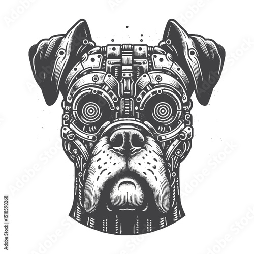 Vintage Hand-Drawn Boxer Dog Illustration – Head with Robotic Features Engraved Style Vector for T-Shirts, Posters, Stickers, and Futuristic Dog Themes Apparel