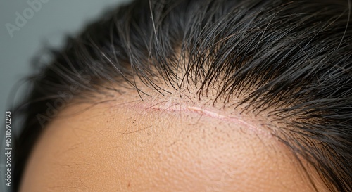 Close-Up of Hairline with Surgical Scar and Regrowing Hair - Concept for Hair Transplants, Scalp Health, and Dermatology.