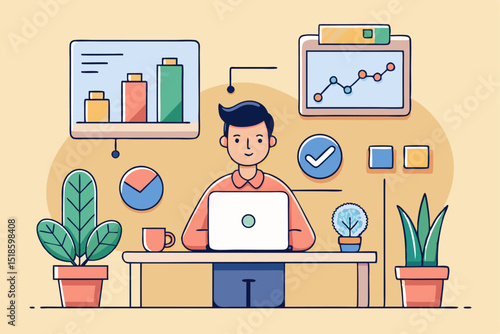 Office productivity scene, person working on laptop with graphs and plants, corporate task, business workflow, office routine, professional environment.
