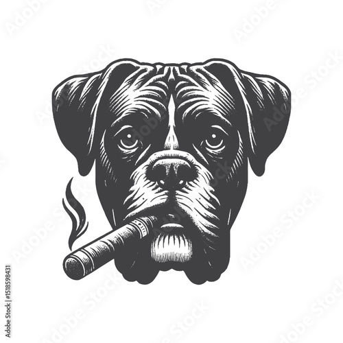 Vintage Hand-Drawn Boxer Dog Illustration – Head Smoking a Cigar Engraved Style Vector for T-Shirts, Posters, Stickers, and Cool Dog Themes Apparel