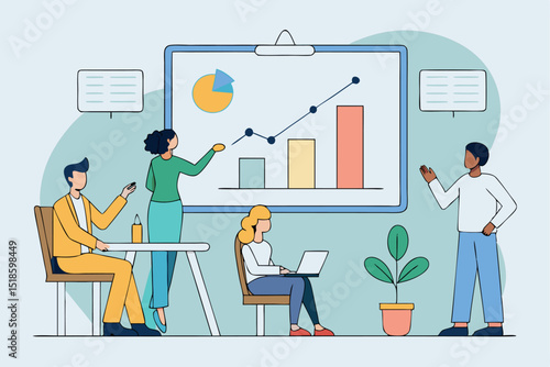 Team office presentation, people discussing graph on board, corporate project, business collaboration, office meeting, professional interaction.