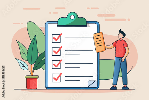 Task checklist completion, person verifying items with checked list, professional task management, office routine, business responsibility, work progress tracking.