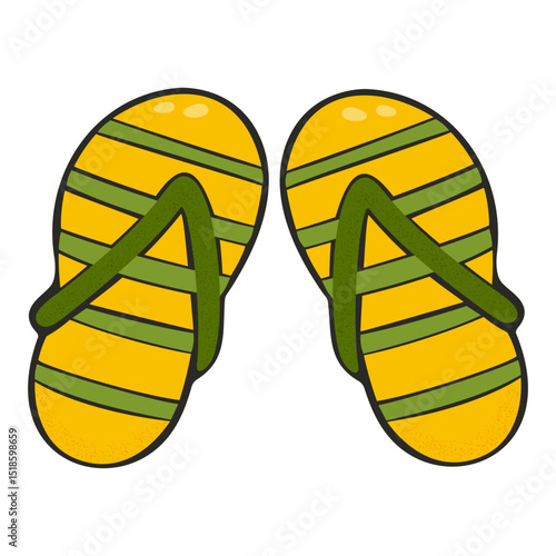 Bright and fun flip flop sandals in yellow and green isolated on transparent background, perfect for summer, beach, travel, or vacation themed designs. Vector art