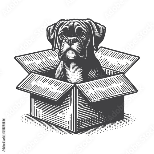 Vintage Hand-Drawn Boxer Dog Illustration – Inside a Cardboard Box Engraved Style Vector for T-Shirts, Posters, Stickers, and Playful Dog Themes Apparel