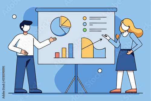Business presentation, data analysis discussion, teamwork collaboration, financial report explanation, man and woman explain charts, graph statistics showcase, corporate meeting concept.