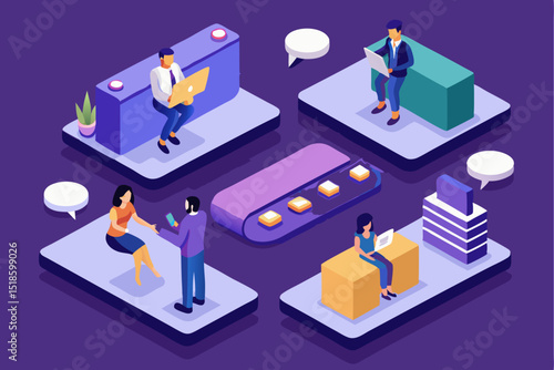 People working and communicating on platforms, purple background, business or collaboration concept, dialogue bubbles and teamwork, productivity and connection.
