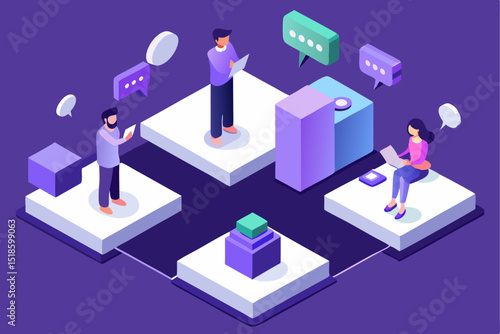 People working and communicating on platforms, purple background, business or collaboration concept, dialogue bubbles and teamwork, productivity and connection.