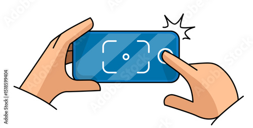 Taking photos with smartphone. Finger pressing camera button on screen to take a picture with flash. Simple flat with outlines contour. Isolated on white background. Vector illustration.