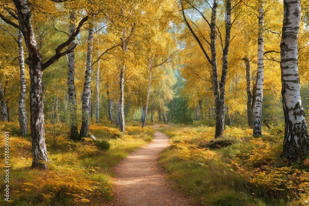 Obraz premium Autumn birch forest path scenic view on white background