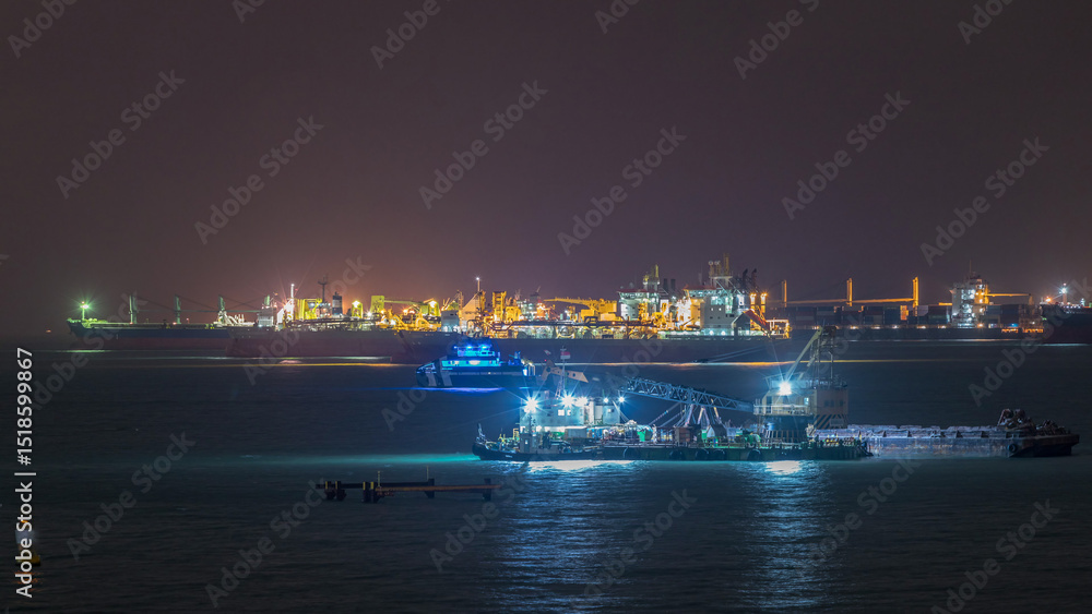 Obraz premium Singapore Marina Barrage with cargo ships waiting to enter one of the busiest ports in the world night timelapse, Singapore.