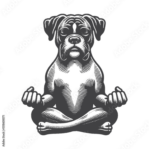 Vintage Hand-Drawn Boxer Dog Illustration – Meditating with Calm Face Engraved Style Vector for T-Shirts, Posters, Stickers, and Peaceful Dog Themes Apparel