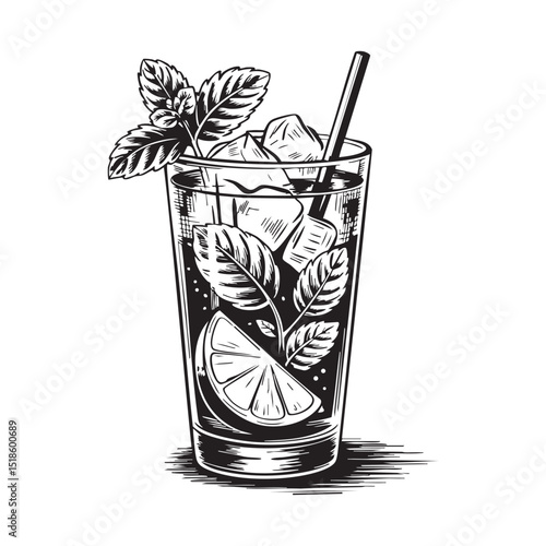 Virgin Mojito Mocktail Doodle Art in black and white ink on a Transparent PNG Background, super detailed clean doodle