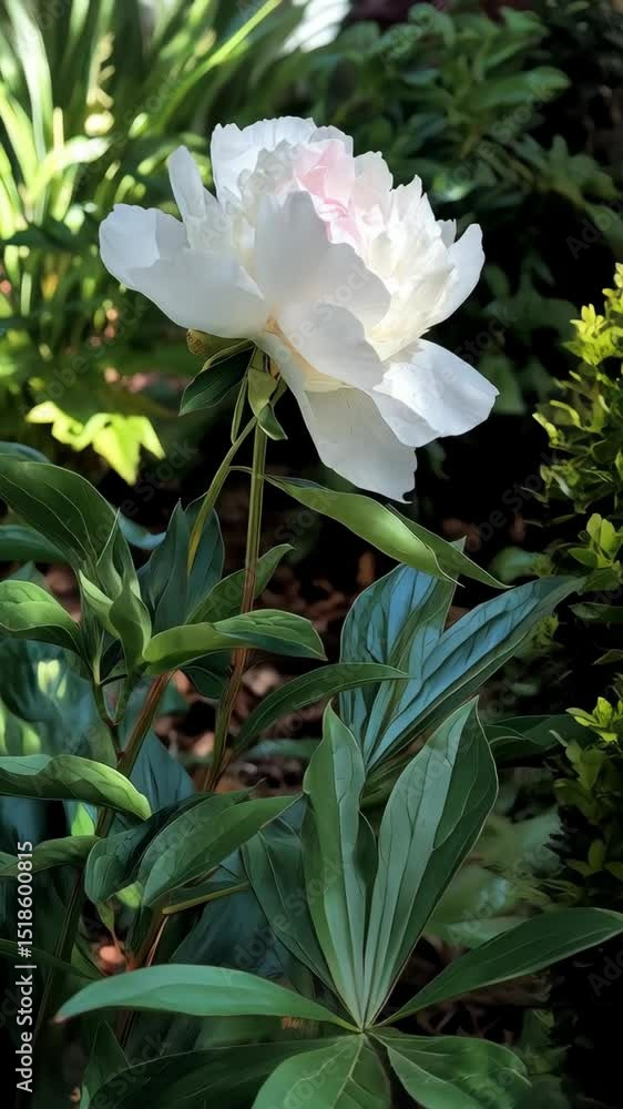 Elegant white peony flower blossom with pink hues, vibrant green leaves, and soft daylight in a natural outdoor garden setting Elegant white peony flower blossom with pink hues, vibrant green leaves, and soft daylight in a natural outdoor garden setting